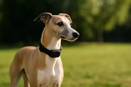 Whippet fauve portant un collier GPS high-tech dans un parc ensoleillé.