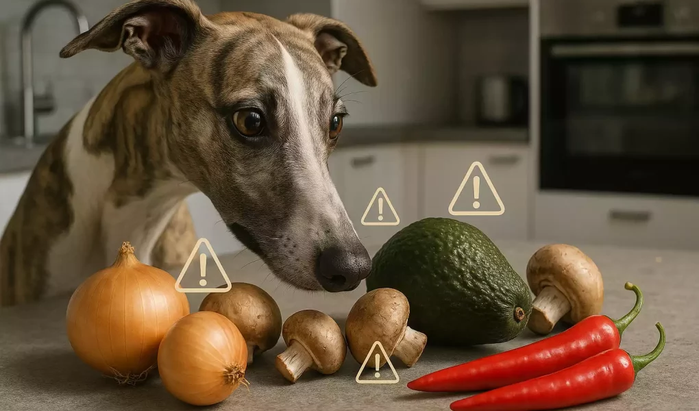 Un lévrier inspectant des légumes toxiques pour un Whippet (oignon, avocat, champignons et piment rouge) sur un plan de cuisine.