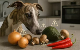 Un lévrier inspectant des légumes toxiques pour un Whippet (oignon, avocat, champignons et piment rouge) sur un plan de cuisine.