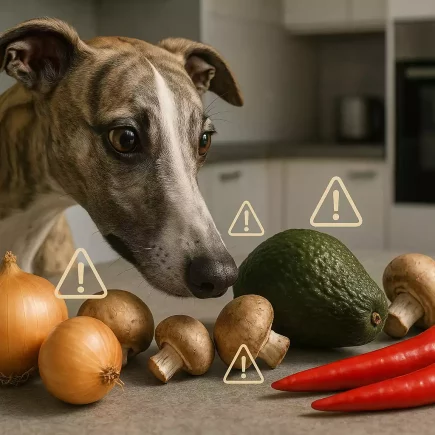 Un lévrier inspectant des légumes toxiques pour un Whippet (oignon, avocat, champignons et piment rouge) sur un plan de cuisine.