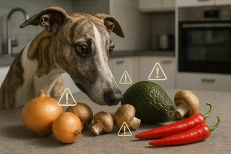 Un lévrier inspectant des légumes toxiques pour un Whippet (oignon, avocat, champignons et piment rouge) sur un plan de cuisine.
