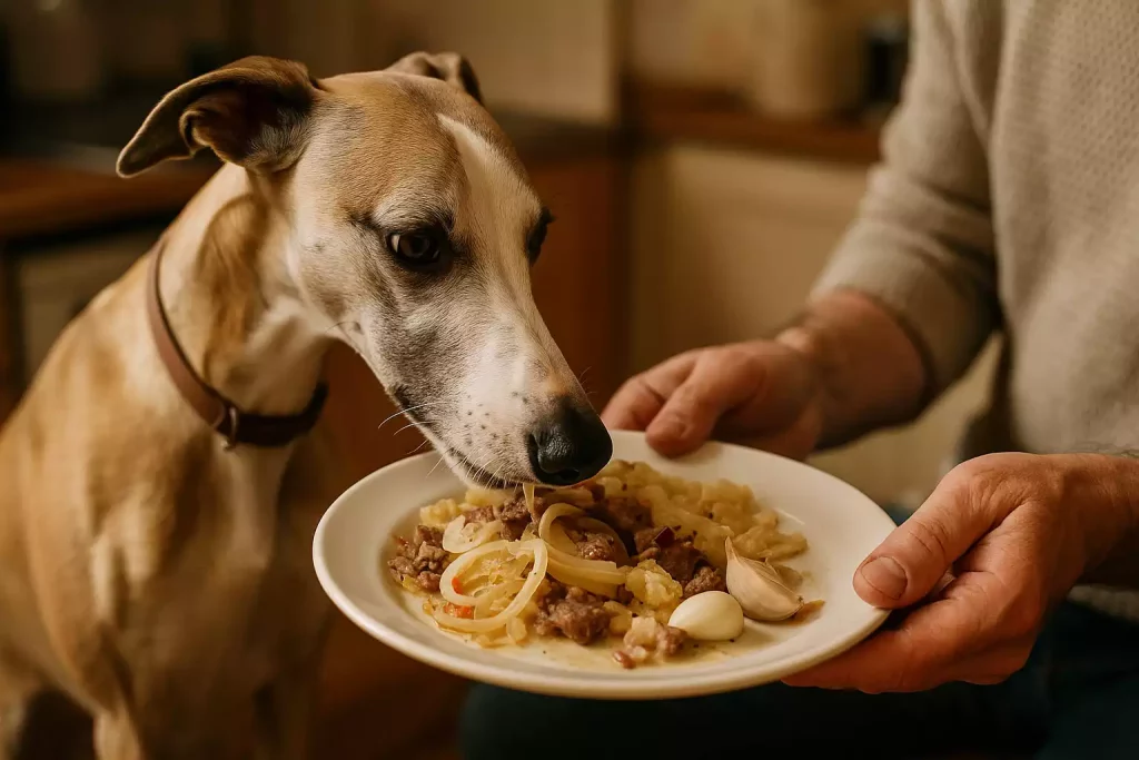 Légumes toxiques pour Whippet : Un lévrier dégustant une assiette de restes contenant de l’oignon et de l’ail.