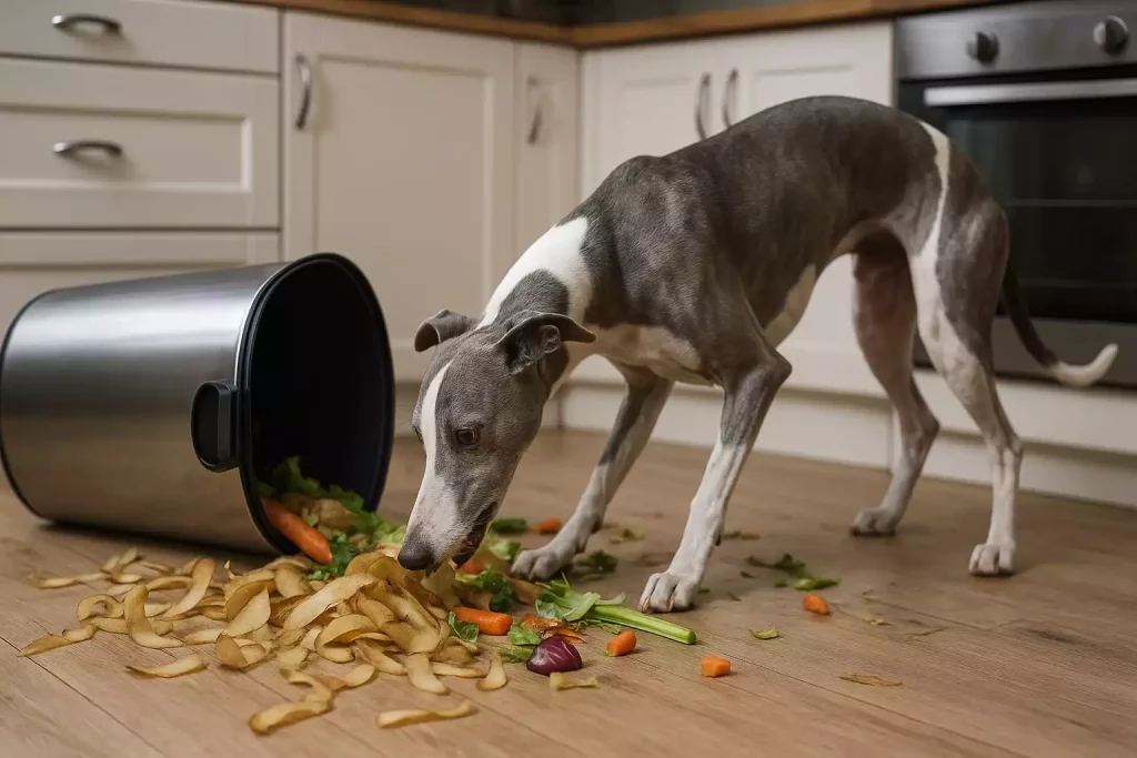 Un Whippet fouillant une poubelle renversée et reniflant des épluchures de légumes potentiellement toxiques dans une cuisine.