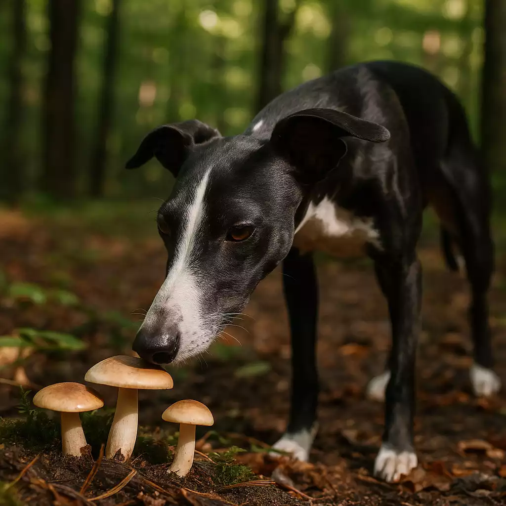 Whippet noir et blanc reniflant des champignons sauvages potentiellement toxiques pour un chien dans la forêt.