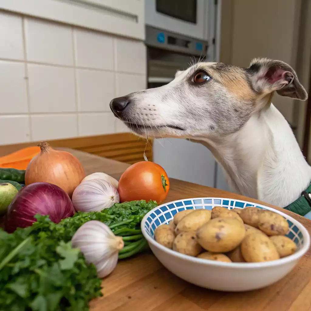Un lévrier observant des légumes possiblement dangereux pour lui comme des pommes de terre, des oignons, de l'ail et des tomates vertes posés sur une table de cuisine.