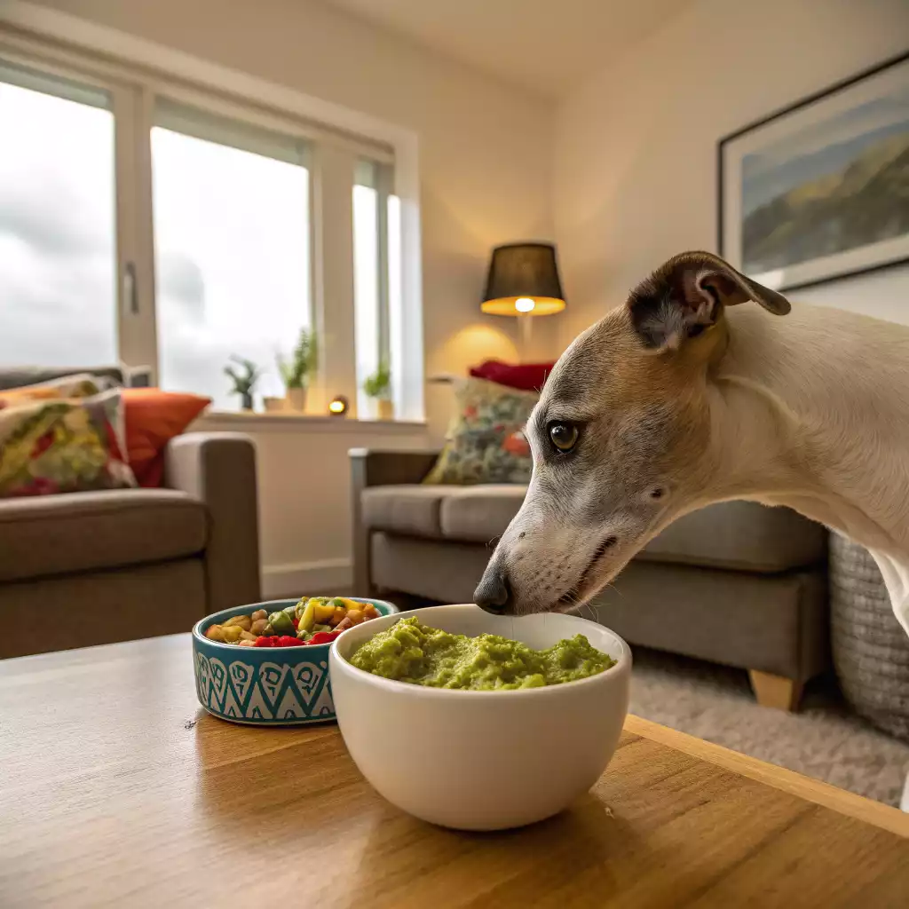 Un Whippet flairant un bol de guacamole à base d’avocat, aliment toxique pour chien, posé sur une table de salon.