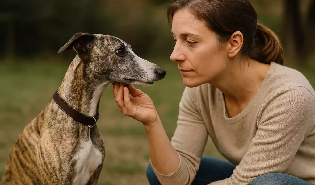 Parler Whippet : Femme en interaction douce avec son Whippet bringé, regards attentifs et complicité lors d’un moment de communication en extérieur.