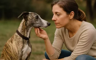 Parler Whippet : Femme en interaction douce avec son Whippet bringé, regards attentifs et complicité lors d’un moment de communication en extérieur.