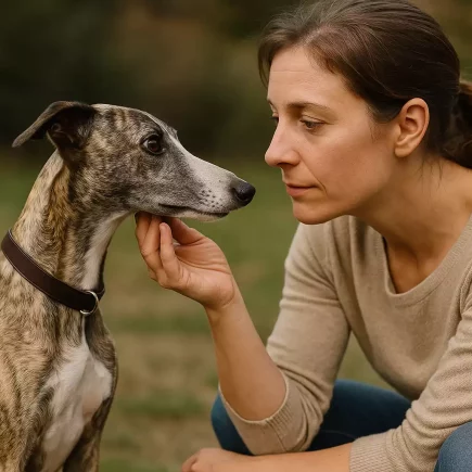 Parler Whippet : Femme en interaction douce avec son Whippet bringé, regards attentifs et complicité lors d’un moment de communication en extérieur.