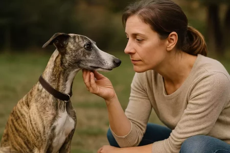 Parler Whippet : Femme en interaction douce avec son Whippet bringé, regards attentifs et complicité lors d’un moment de communication en extérieur.