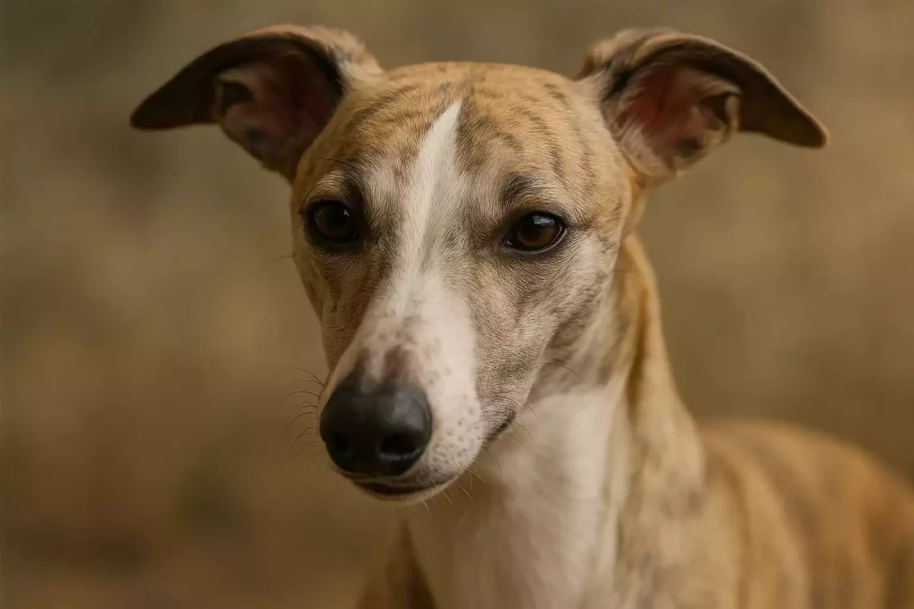 Portrait rapproché d’un Whippet bringé clair au regard expressif, oreilles semi-dressées, illustrant l’observation et la communication canine.