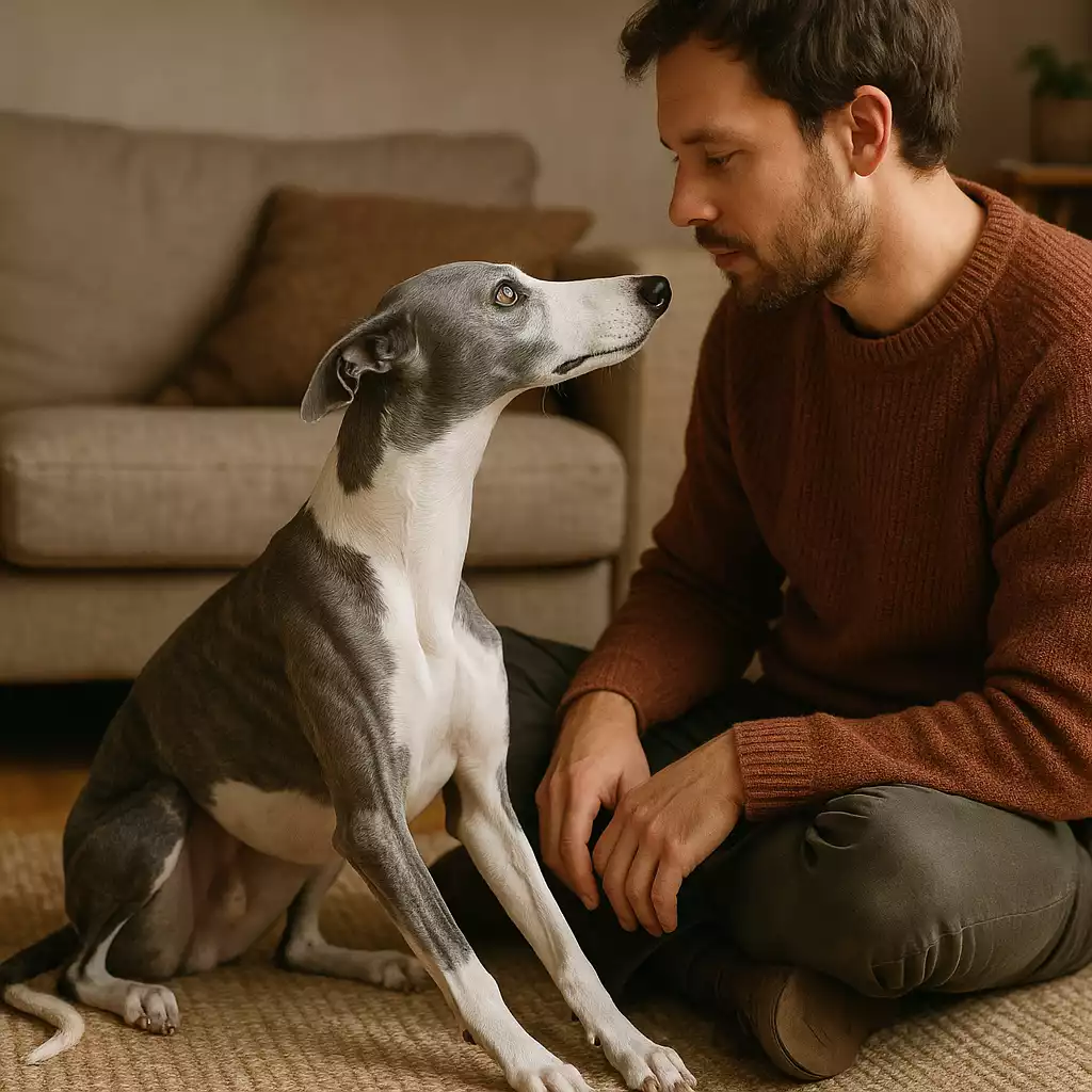 Homme assis au sol échangeant un regard complice avec un Whippet bleu et blanc dans un salon chaleureux, illustrant la communication et la confiance.