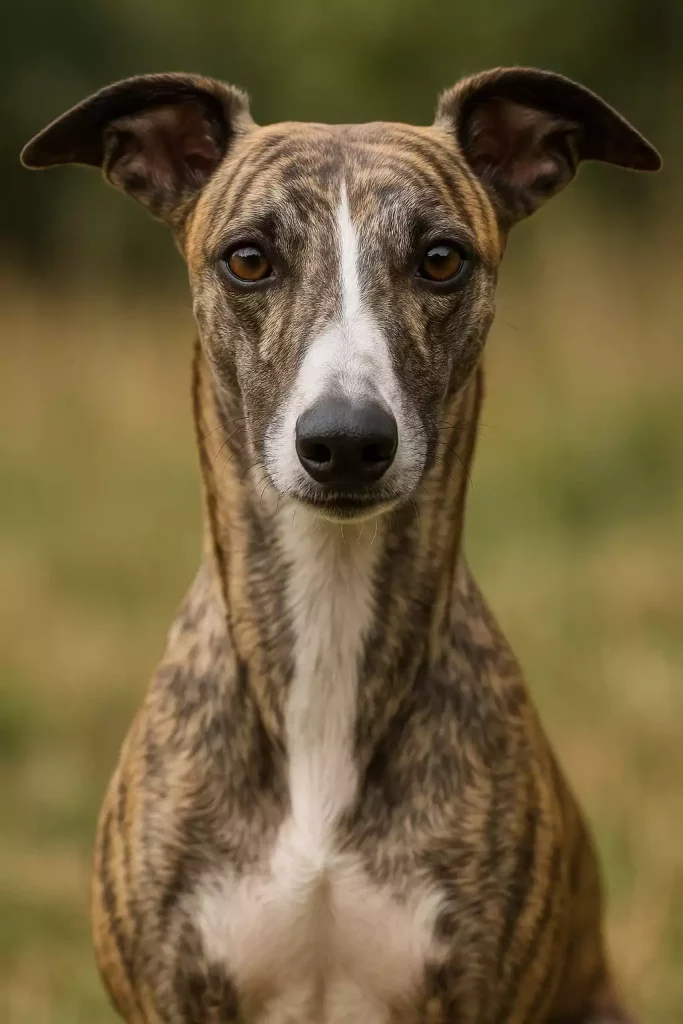 Portrait rapproché d’un Whippet bringé au regard attentif, oreilles semi-dressées, illustrant la communication et l’observation canine.