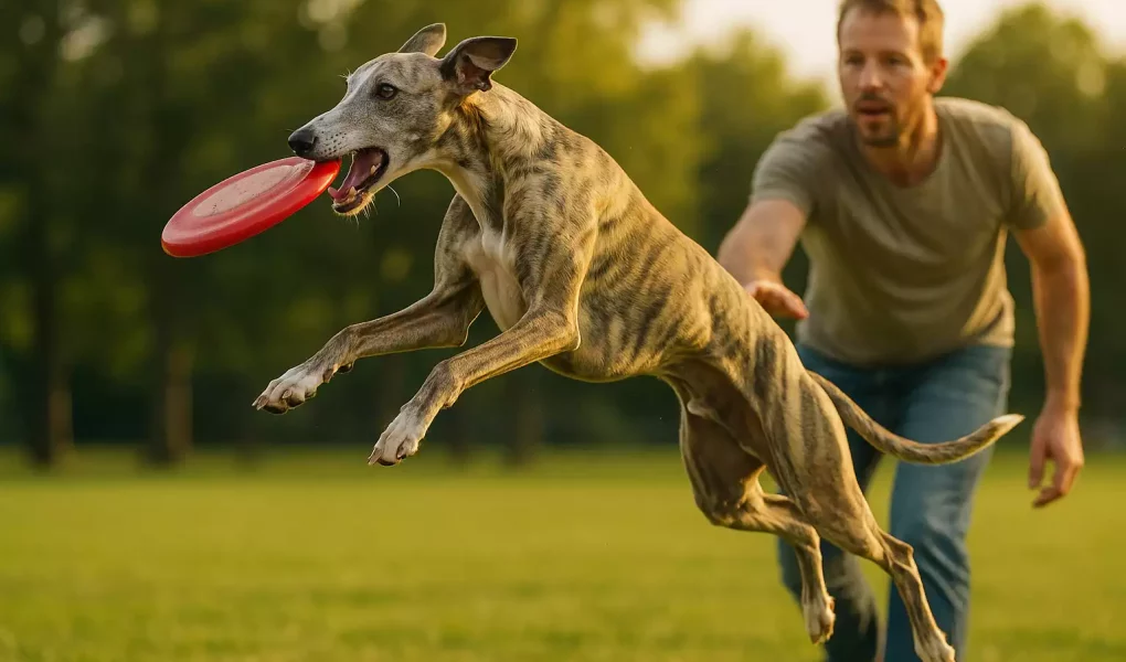 Apprendre le frisbee à un Whippet : Un Whippet bringé fauve attrapant un frisbee rouge en plein saut au parc, avec son maître en arrière-plan.