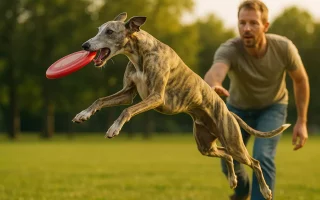 Apprendre le frisbee à un Whippet : Un Whippet bringé fauve attrapant un frisbee rouge en plein saut au parc, avec son maître en arrière-plan.