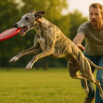 Apprendre le frisbee à un Whippet : Un Whippet bringé fauve attrapant un frisbee rouge en plein saut au parc, avec son maître en arrière-plan.
