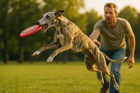 Apprendre le frisbee à un Whippet : Un Whippet bringé fauve attrapant un frisbee rouge en plein saut au parc, avec son maître en arrière-plan.