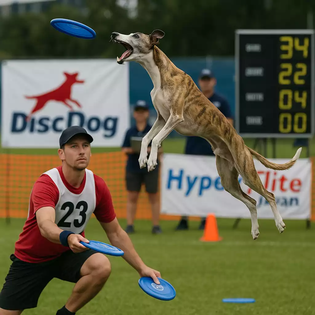 Un Whippet bringé sautant pour attraper un frisbee bleu lors d’une compétition de Disc Dog, avec son conducteur n°23.