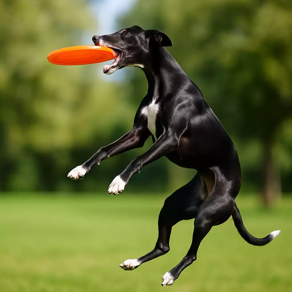 Un Whippet noir au poitrail blanc attrapant un frisbee orange en plein saut au parc.