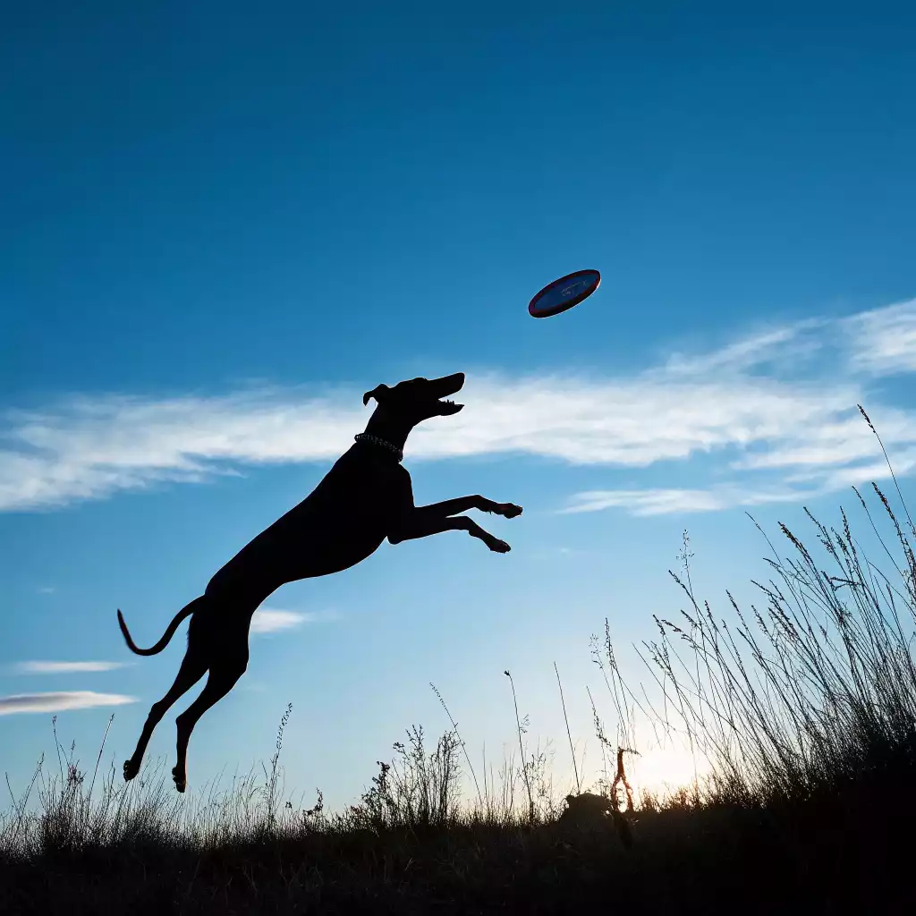 Un lévrier en silhouette sautant au crépuscule pour attraper un frisbee dans un champ, ciel bleu en contre-jour.