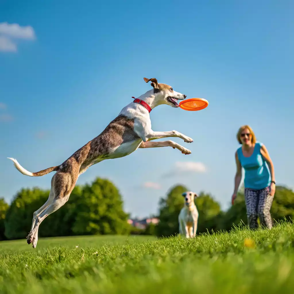 Un lévrier tricolore sautant pour attraper un frisbee orange au parc, sa maîtresse en arrière-plan sous ciel bleu.