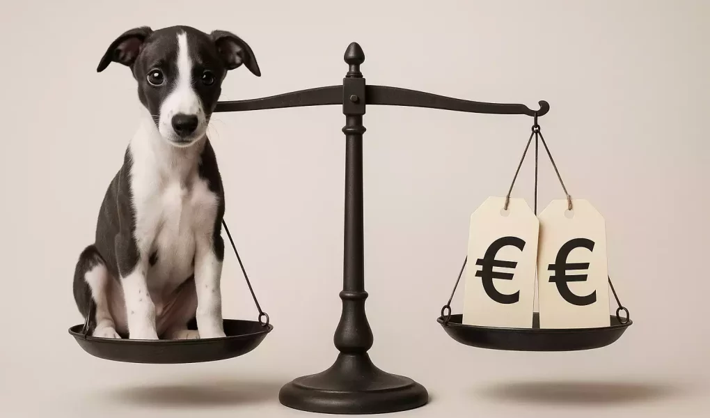 Prix d’un chiot Whippet : chiot Whippet sur une balance face à des étiquettes en euros, illustration des écarts de prix.