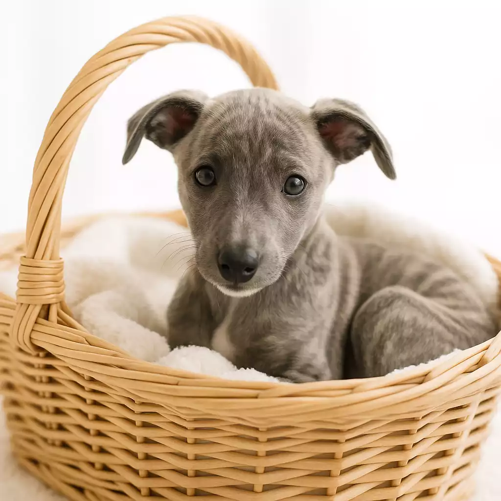 Un chiot Whippet bleu dans un panier, photo d’illustration pour l’adoption.