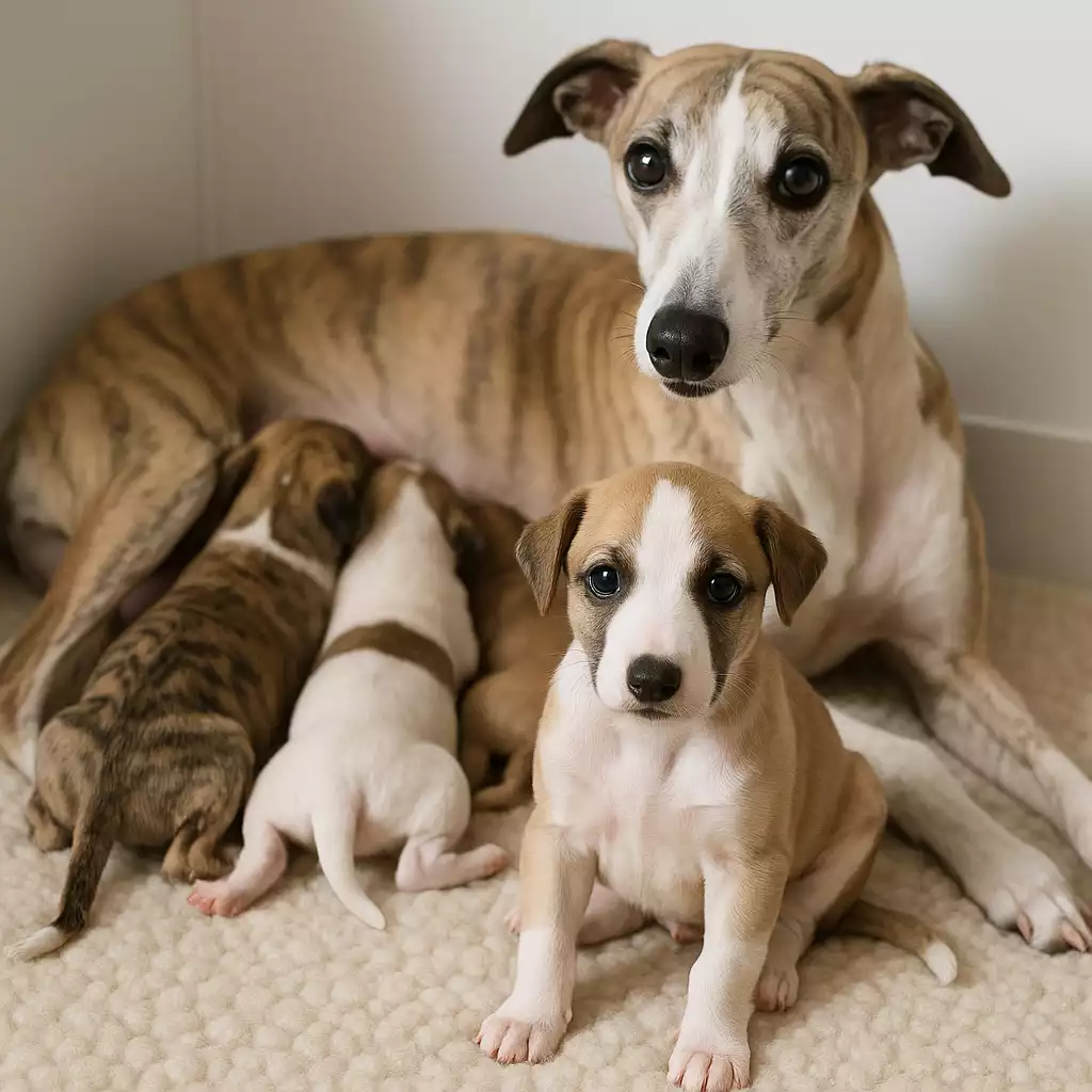 Prix d’un chiot Whippet : mère Whippet avec sa portée, chiot au premier plan, illustration d’un élevage responsable et de la socialisation.