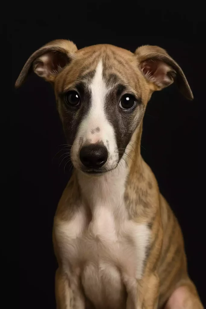 Portrait d’un chiot lévrier bringé sur fond noir.