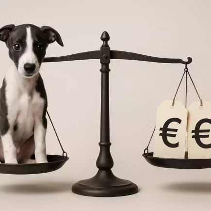 Prix d’un chiot Whippet : chiot Whippet sur une balance face à des étiquettes en euros, illustration des écarts de prix.
