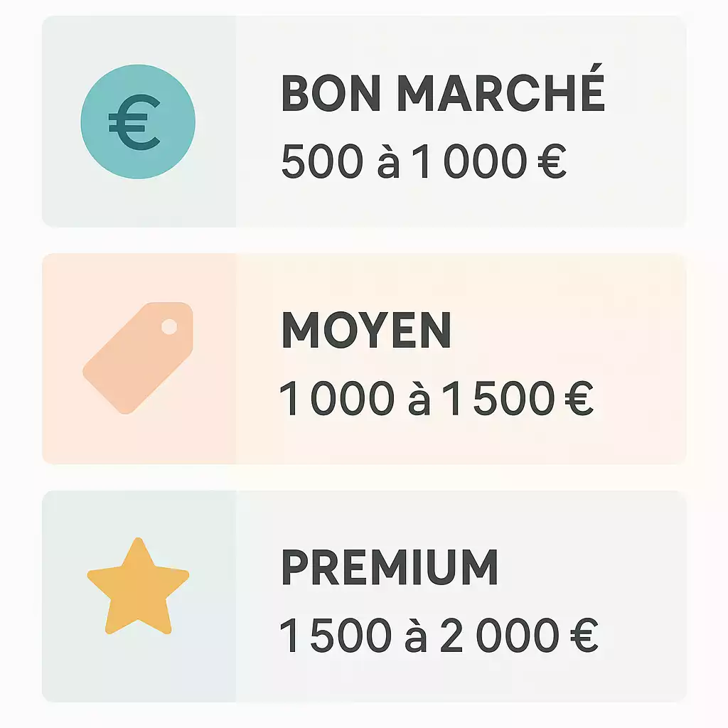 Infographie prix d’un chiot Whippet : bon marché 500 à 1000 €, moyen 1000 à 1500 €, premium 1500 à 2000 €.