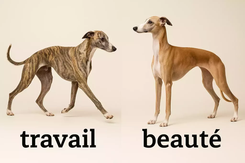 Lignées du Whippet : comparaison visuelle travail et beauté, deux Whippets sur fond neutre, bringé en mouvement à gauche et fauve en pose d’exposition à droite.