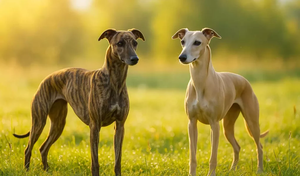 Lignées du Whippet : deux Whippets, bringé et fauve, debout dans un pré baigné de lumière, illustrant la différence entre lignée travail et lignée beauté.