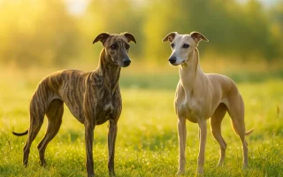 Lignées du Whippet : deux Whippets, bringé et fauve, debout dans un pré baigné de lumière, illustrant la différence entre lignée travail et lignée beauté.