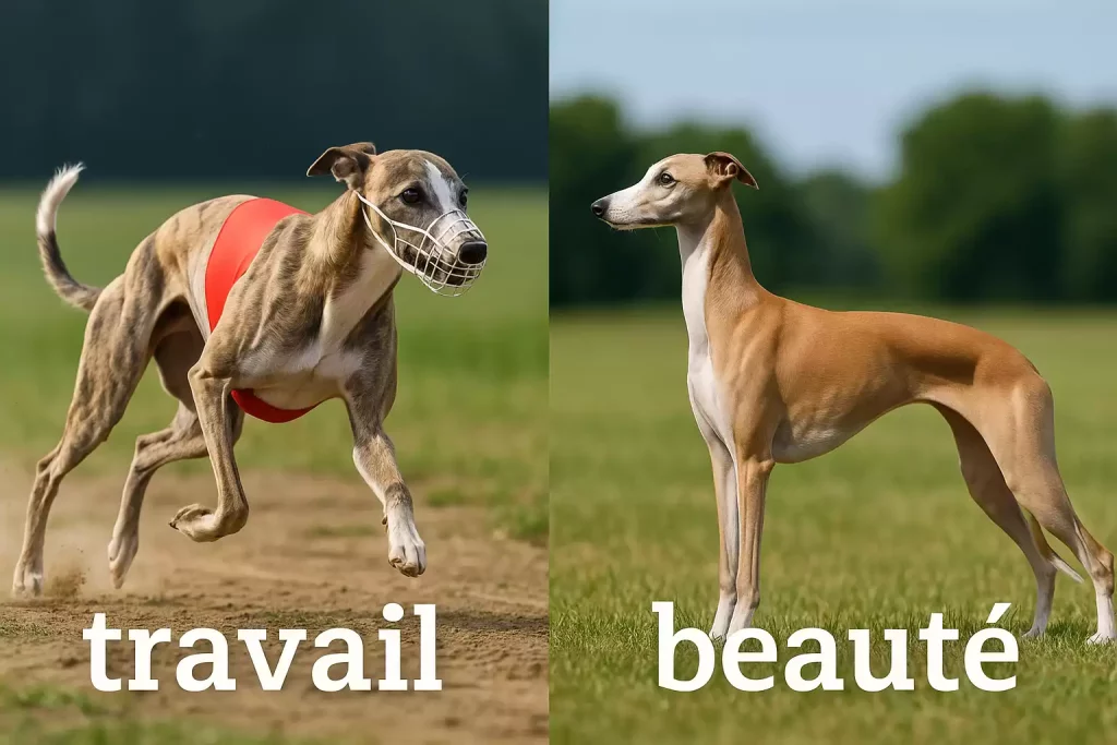 Un visuel comparatif travail et beauté, Whippet bringé en PVL à gauche et Whippet fauve en pose d’exposition à droite sur prairie.