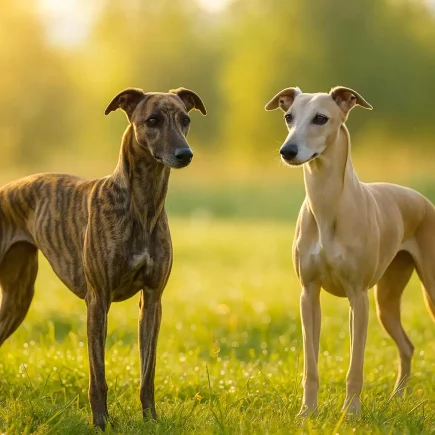 Lignées du Whippet : deux Whippets, bringé et fauve, debout dans un pré baigné de lumière, illustrant la différence entre lignée travail et lignée beauté.