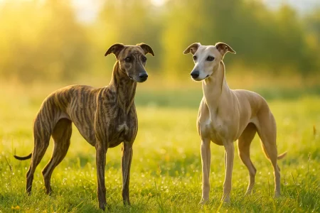 Lignées du Whippet : deux Whippets, bringé et fauve, debout dans un pré baigné de lumière, illustrant la différence entre lignée travail et lignée beauté.