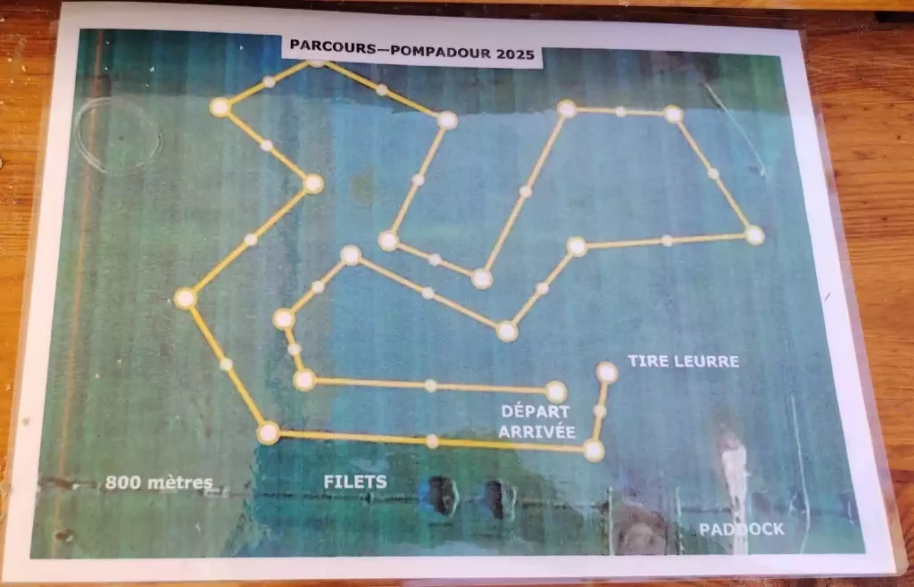 Plan du parcours de PVL (800 mètres avec départ, arrivée, tire leurre et zone paddock).