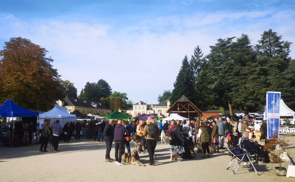 Pompadour 2025 : village exposants et foule avec lévriers sur la grande carrière du haras de Pompadour, ciel bleu et ambiance conviviale.