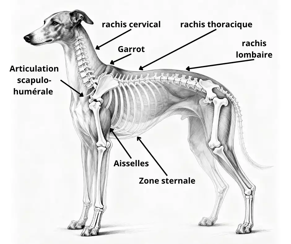 Schéma anatomique d'un Whippet, avec garrot, rachis cervical, thoracique lombaire, articulation scapulo humérale, aisselles et zone sternale.
