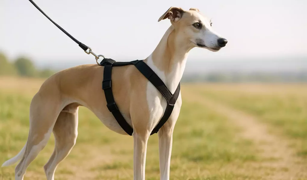 Choisir un harnais Whippet : Un Whippet fauve et blanc portant un harnais en Y noir bien ajusté, en balade champêtre.