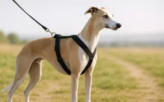 Choisir un harnais Whippet : Un Whippet fauve et blanc portant un harnais en Y noir bien ajusté, en balade champêtre.
