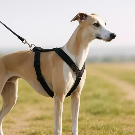 Choisir un harnais Whippet : Un Whippet fauve et blanc portant un harnais en Y noir bien ajusté, en balade champêtre.