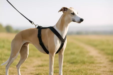 Choisir un harnais Whippet : Un Whippet fauve et blanc portant un harnais en Y noir bien ajusté, en balade champêtre.