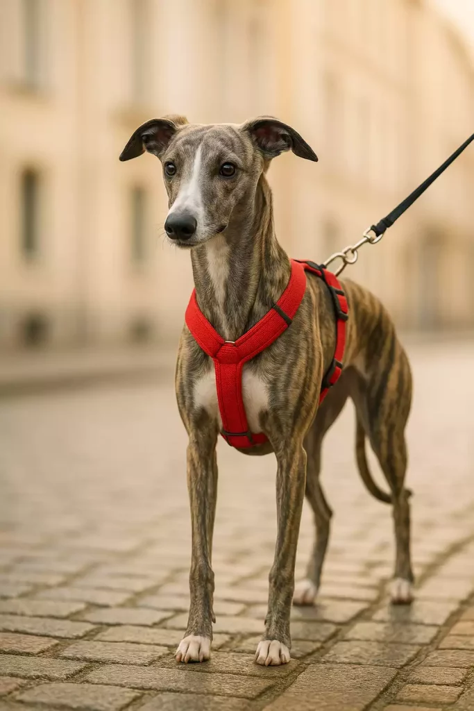 Choisir un harnais Whippet : Un Whippet bringé avec harnais en Y rouge sur rue pavée au coucher du soleil, ajustement idéal pour épaules libres.