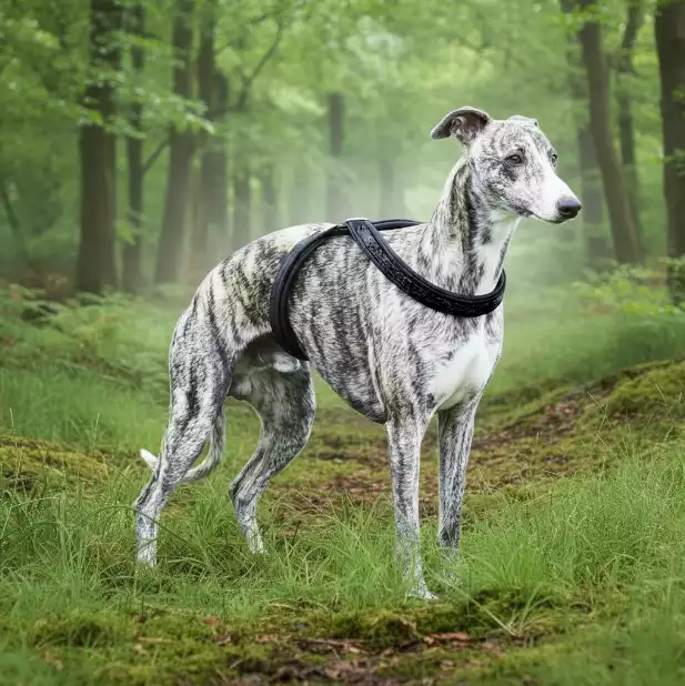 Un lévrier bringé gris en forêt portant un harnais en X noir.