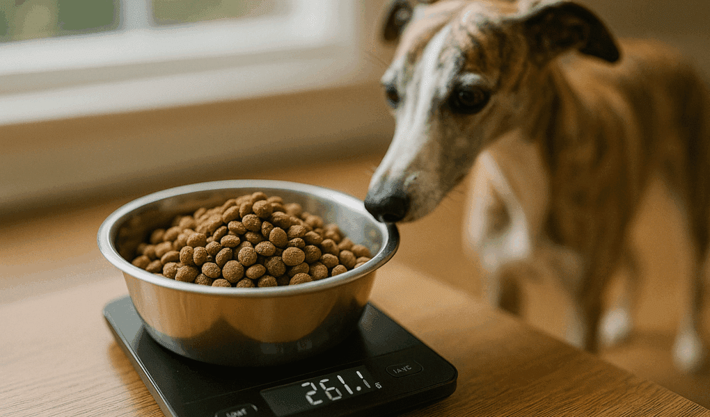 Whippet en surpoids : ration de croquettes pesée sur balance (261 g) pour ajuster la quantité au gramme près, un Whippet bringé attendant à côté.