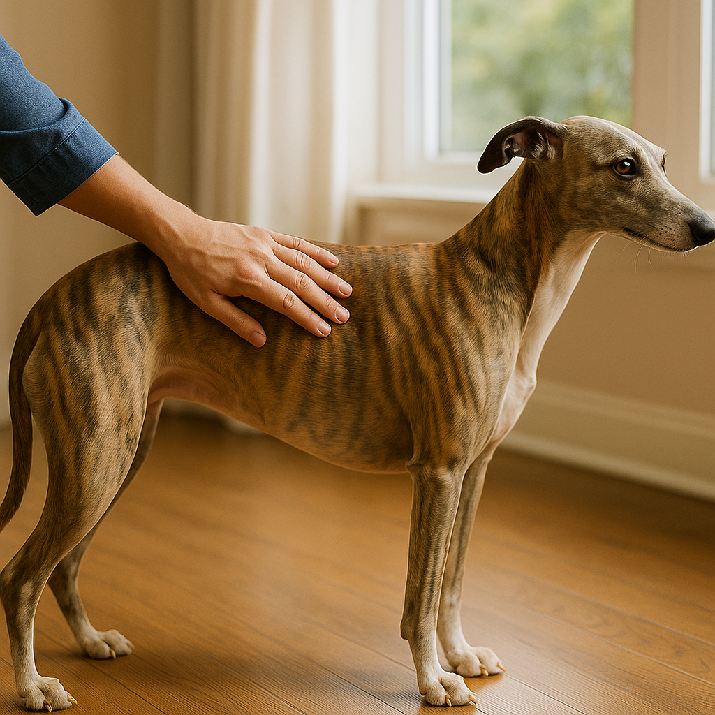 Whippet en surpoids : palpation des côtes pour évaluer le score d’état corporel (BCS) à la maison.