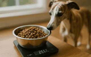Whippet en surpoids : ration de croquettes pesée sur balance (261 g) pour ajuster la quantité au gramme près, un Whippet bringé attendant à côté.