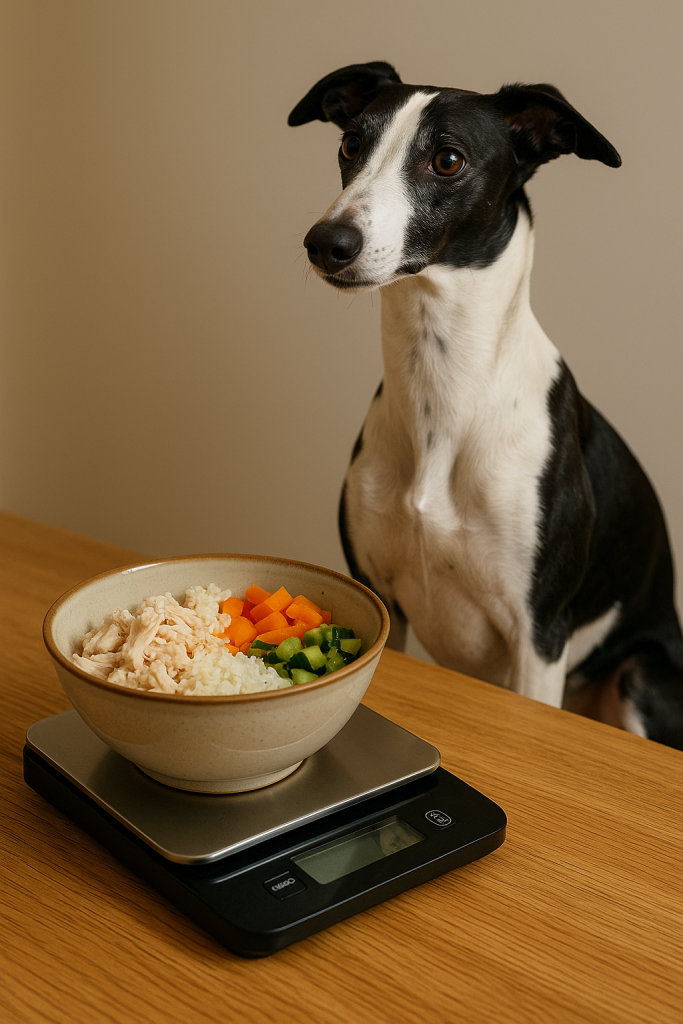 Un lévrier noir et blanc qui attend devant sa ration ménagère (poulet, riz, légumes) pesée sur balance pour ajuster la quantité au gramme près.